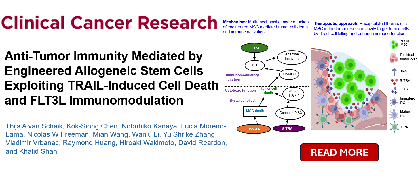Clinical Cancer Research figure: engineered allogeneic stem cells exploiting TRAIL-induced cell death and FLT3L immunomodulation to drive antitumour immunity in the tumour resection cavity.