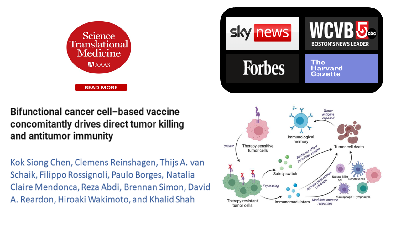 Science Translational Medicine figure: a bifunctional cancer cell-based vaccine kills therapy-sensitive tumour cells directly while priming immunological memory against therapy-resistant cells, with a built-in safety switch.