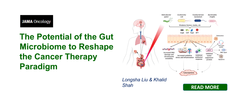 JAMA Oncology figure: routes by which the gut microbiome influences response to cancer therapy, from microbial metabolites through to antitumour immune activation.