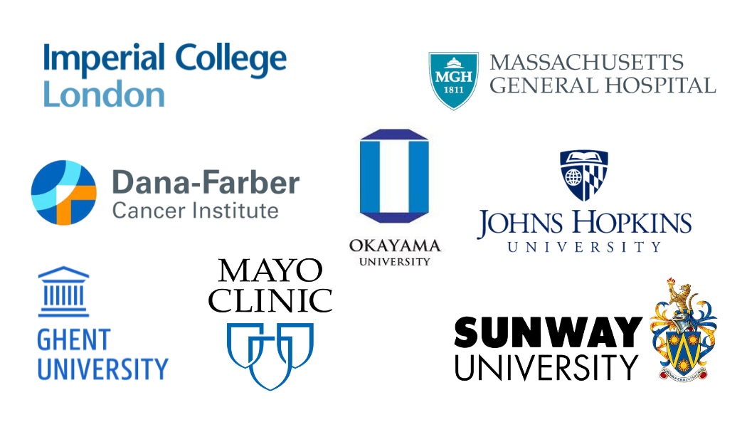 Logos of eight collaborating institutions: Imperial College London, Massachusetts General Hospital, Dana-Farber Cancer Institute, Okayama University, Johns Hopkins University, Ghent University, Mayo Clinic and Sunway University.
