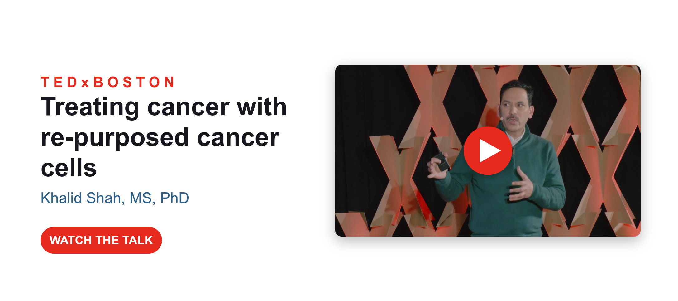 Khalid Shah on stage at TEDxBoston delivering the talk Treating cancer with re-purposed cancer cells.